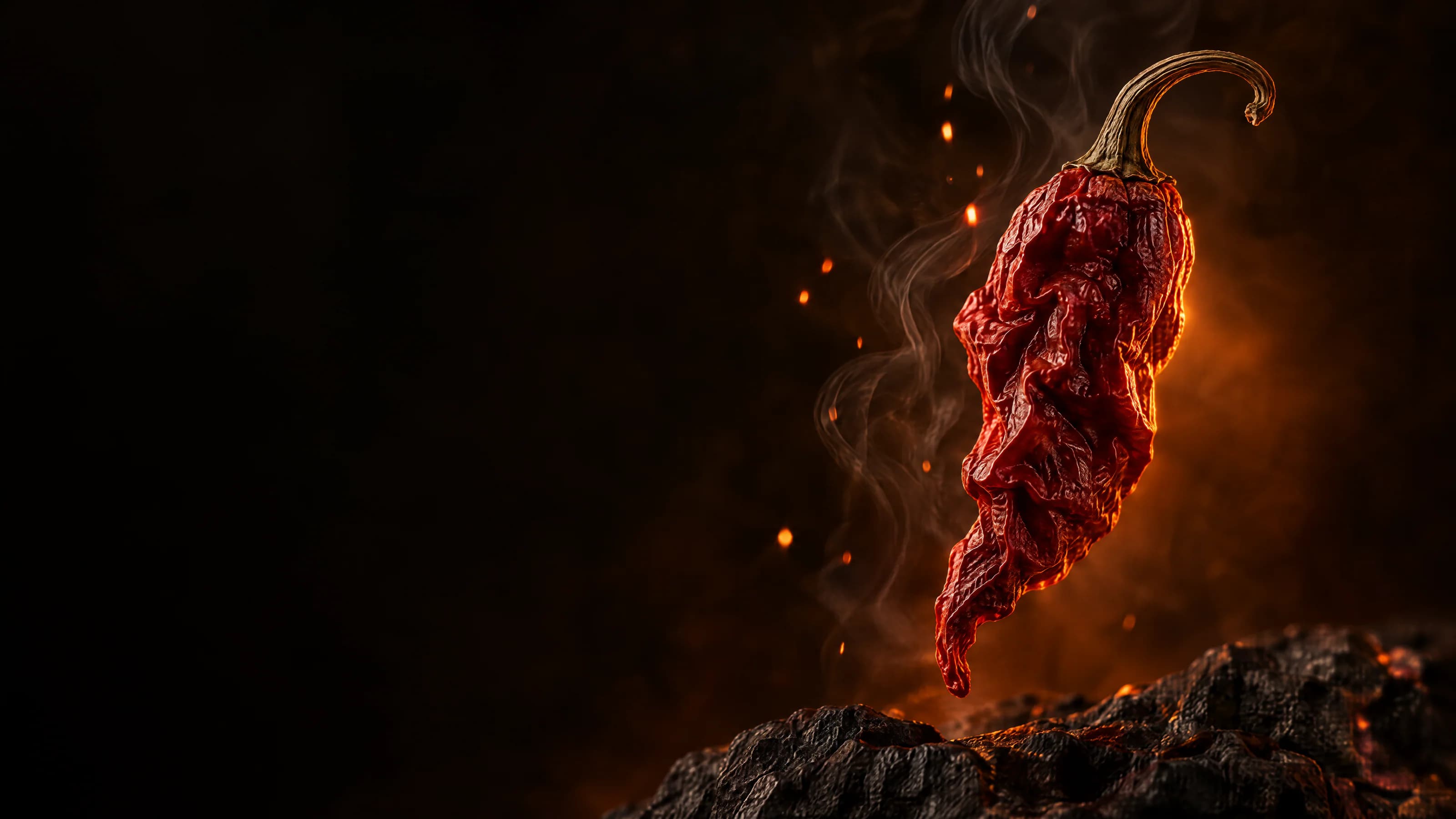 A dried Naga Ghost Pepper suspended above dark basalt in ember light